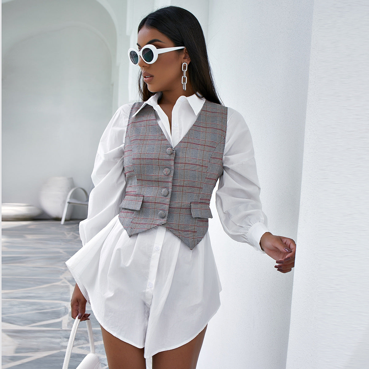 European And American Street Trendy Cardigan Single-breasted Wild Lattice Outer Wear Vest Women