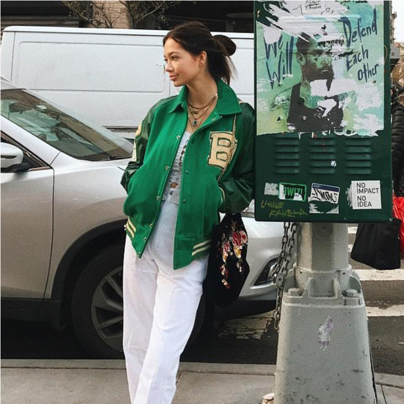 Women's Trendy Retro Trendy Green Baseball Jacket