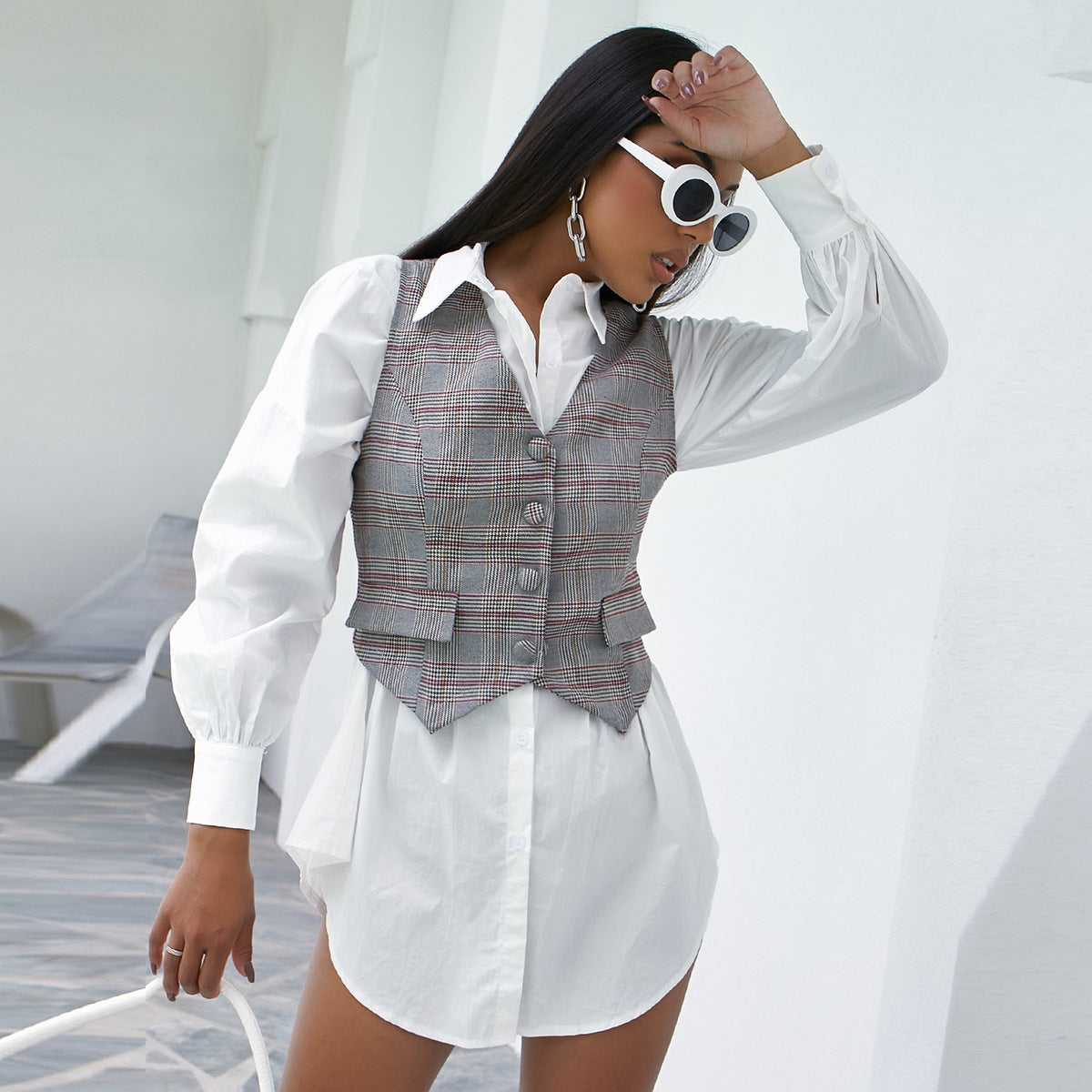 European And American Street Trendy Cardigan Single-breasted Wild Lattice Outer Wear Vest Women