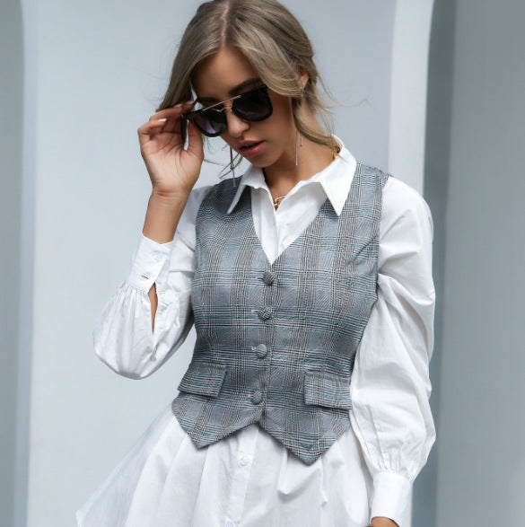 European And American Street Trendy Cardigan Single-breasted Wild Lattice Outer Wear Vest Women